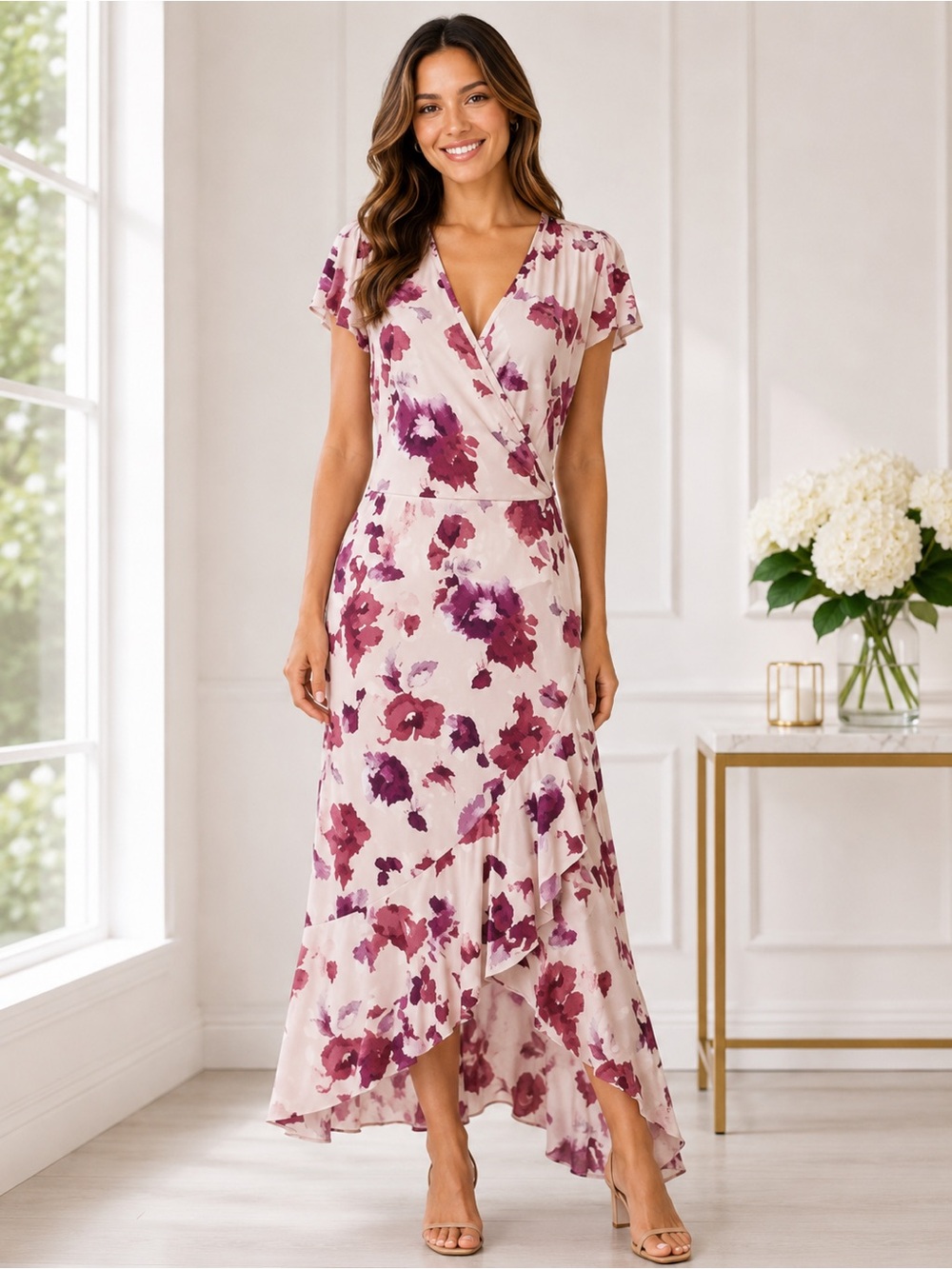 Juicy Couture Pink Floral Faux Wrap High Low Ruffle Midi Dress NWT M